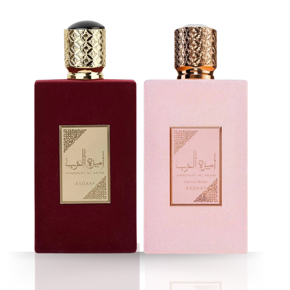 Ameerat Al Arab Prive Rose and Ameerat Al Arab EDP 100ML perfume bundle by Asdaaf, featuring elegant floral fragrance bottles.