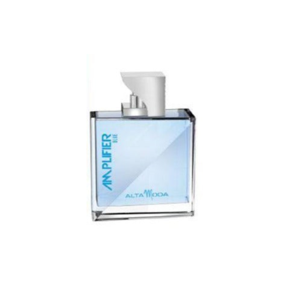 Blue Alta Moda Amplifier EDT 100ml bottle in a velvet pouch, showcasing the elegant perfume packaging and design.