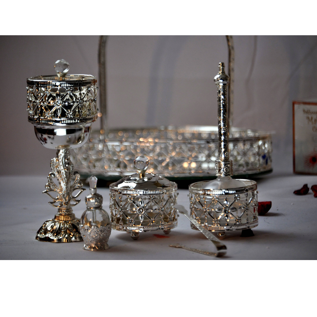Arab Wedding Bakhoor Burner (Mabkhara) -Oud Burner, Metal,Tray Inside 12 inch Tall (Silver) - Intense Oud