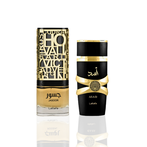 Jasoor & Asad EDP 100ML (3.4 OZ) by Lattafa | Collection for Men & Women, Long Lasting Scents of Arabia, Perfumes for Men & Women Original. (BUNDLE) - Intense Oud