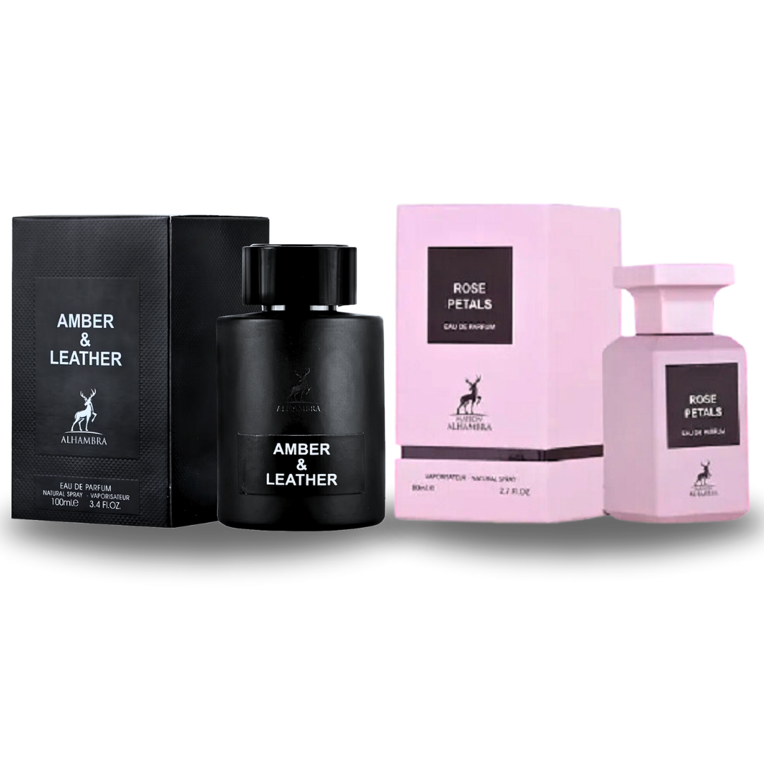 Maison Alhambra rose petal and amber leather Eau de Parfum sprays, 80ml and 100ml bottles, elegant fragrance duo.