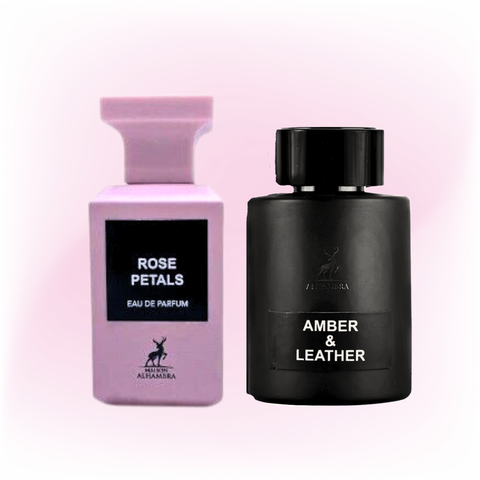 Maison Alhambra rose petals and amber leather Eau de Parfum sprays in 80ml and 100ml bottles, elegant fragrance bottles for women.