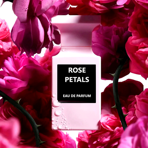 Maison Alhambra rose petals and amber leather Eau de Parfum sprays in 80ml and 100ml bottles, elegant fragrance display