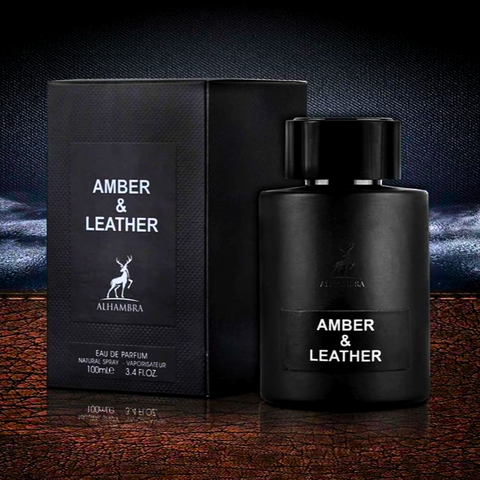 Maison Alhambra EDP spray set with Rose Petals and Amber & Leather fragrances, featuring elegant bottles and floral and leather scent notes.