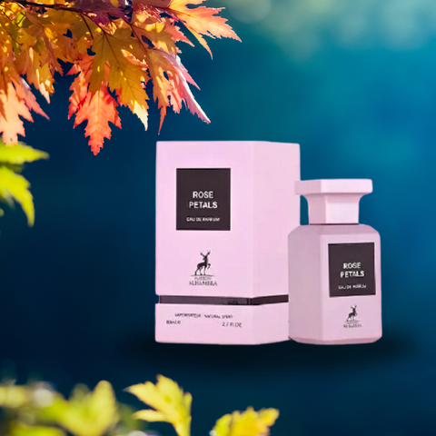Maison Alhambra Eau de Parfum sprays featuring rose petals and amber leather scents in 80ml and 100ml bottles, luxurious fragrance set