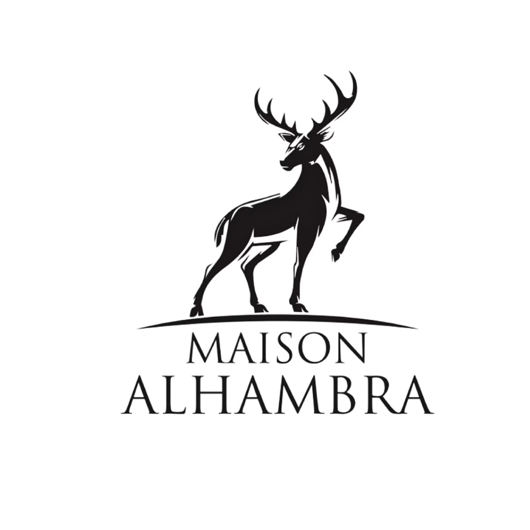 Maison Alhambra Rose Petals and Amber & Leather Eau de Parfum sprays, 80ml and 100ml bottles, with elegant fragrance bottles.