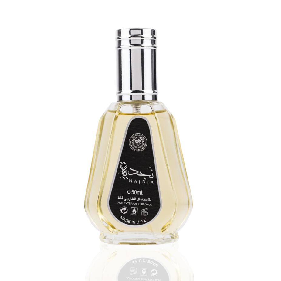 Najdia EDP by Ard Al Zaafaran, 50ML Eau De Parfum bottle with elegant floral design and gold accents.