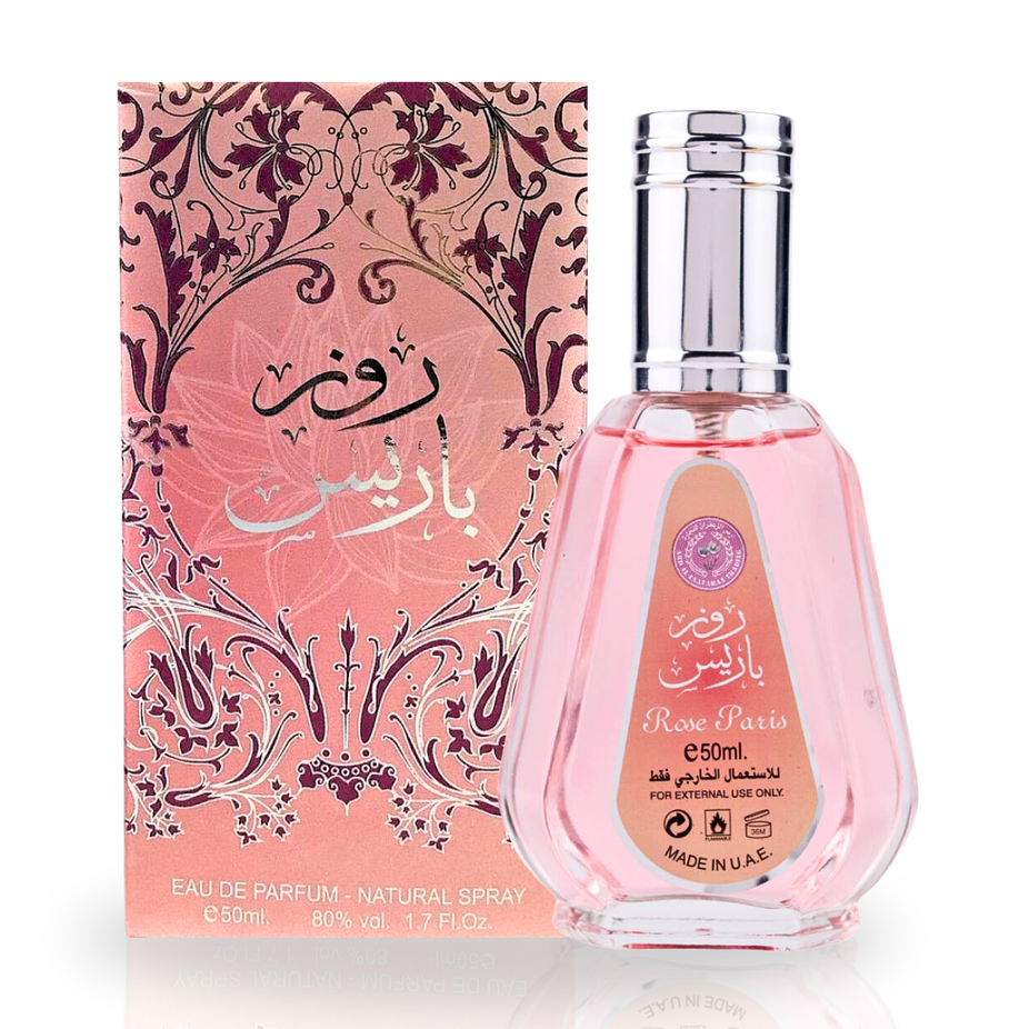 Rose Paris EDP by Ard Al Zaafaran in a 50ML bottle, featuring elegant floral perfume with rose notes and luxurious packaging.
