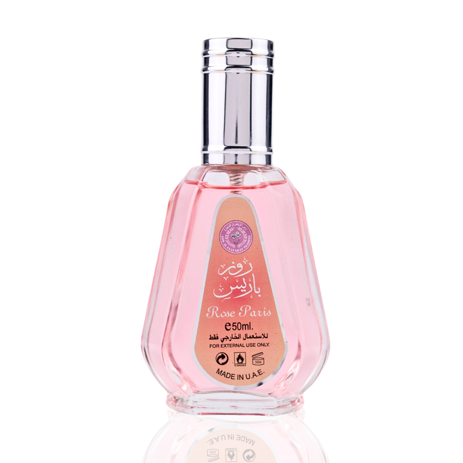 Rose Paris EDP by Ard Al Zaafaran in a 50ML bottle, featuring elegant floral fragrance and sophisticated perfume design.