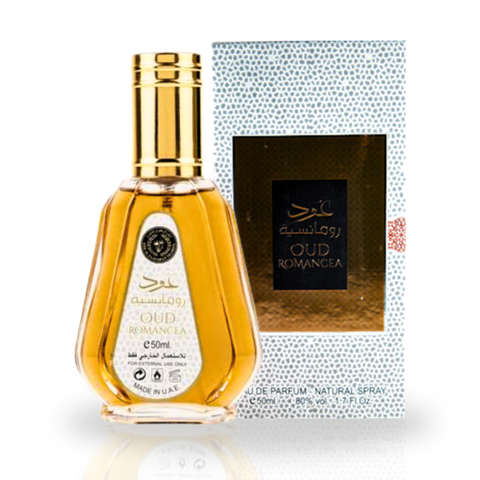 Ard al Zaafaran Oud Romancea EDP 50ML glass bottle with elegant floral and oud accents, showcasing luxury perfume packaging.