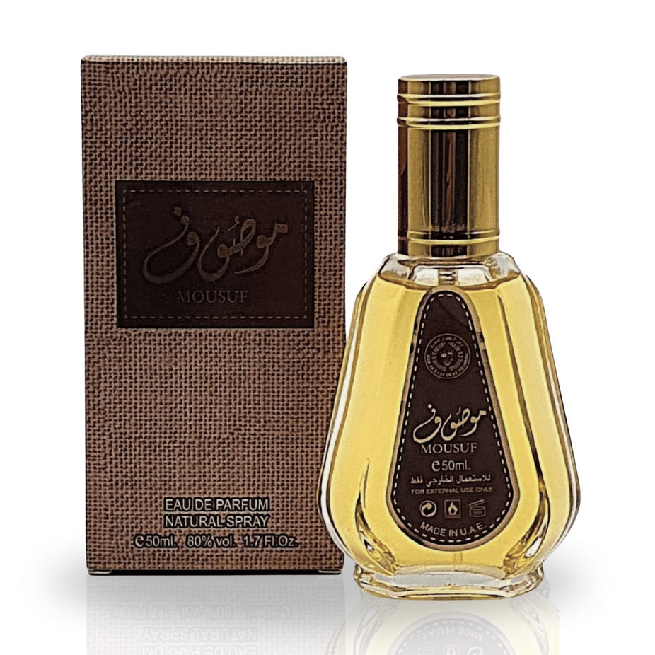 Ard Al Zaafaran Mousuf & Wardi EDP spray bottles, 50ML each, featuring fruity, floral, gourmand fragrances for men and women.