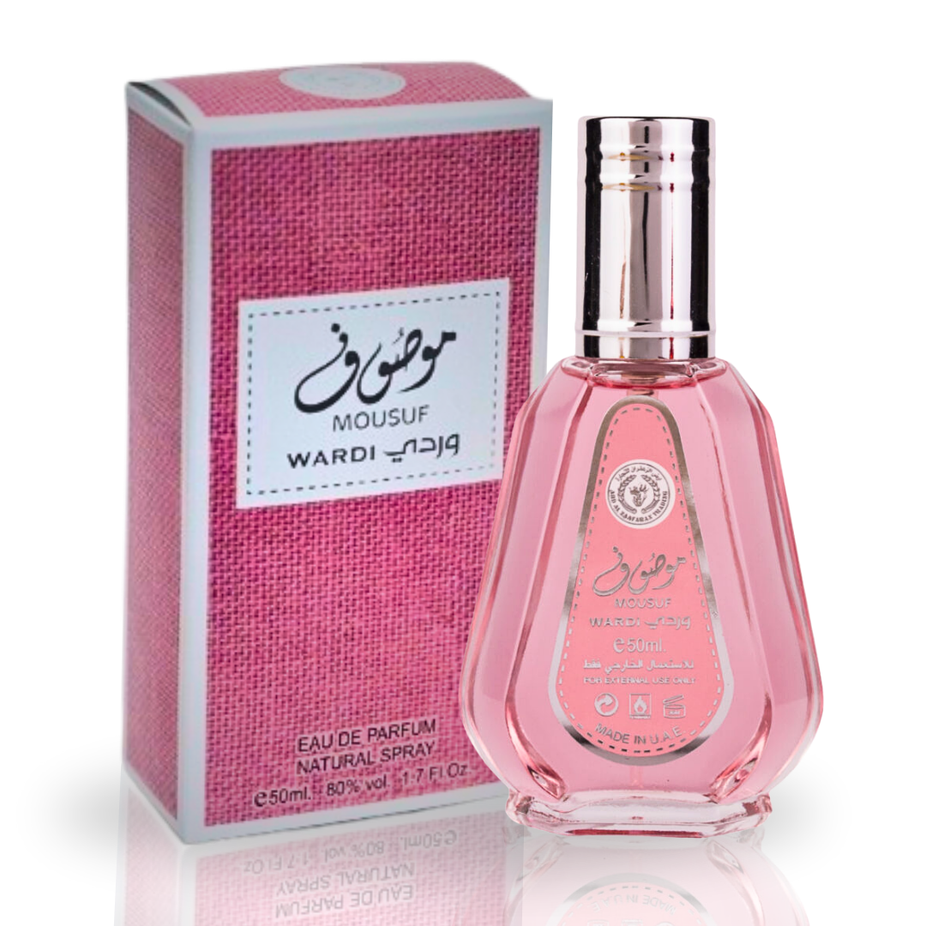 Mousuf & Mousuf Wardi Eau De Parfum sprays by Ard Al Zaafaran, 50ML, featuring fruity, floral, gourmand scents for men and women.