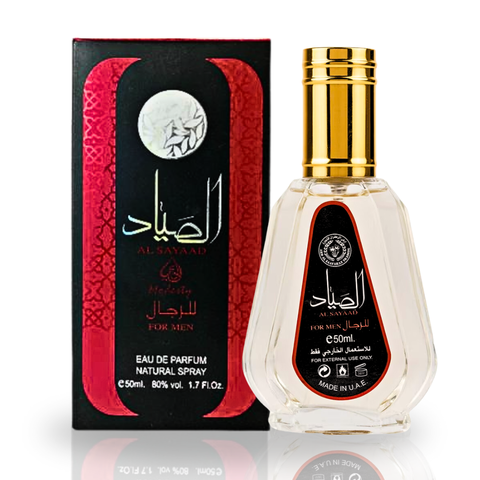Al Sayaad for Men Eau De Parfum by Ard Al Zaafaran, 50ML bottle with elegant design on a neutral background.
