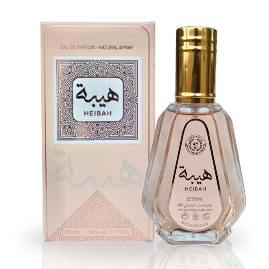 Heibah Eau De Parfum by Ard Al Zaafaran in 50ML bottle, elegant fragrance bottle with floral and spicy notes visible.