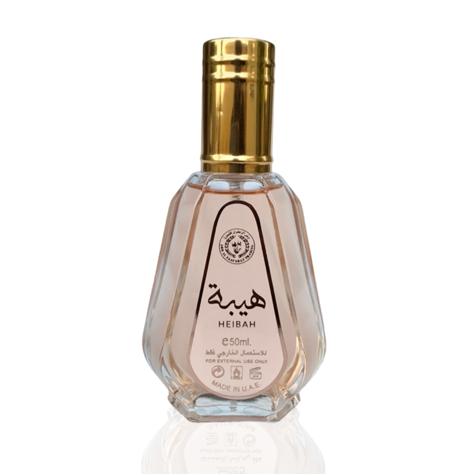 Heibah Eau De Parfum 50ML by Ard Al Zaafaran, featuring a sleek bottle with gold accents and floral decorative elements.