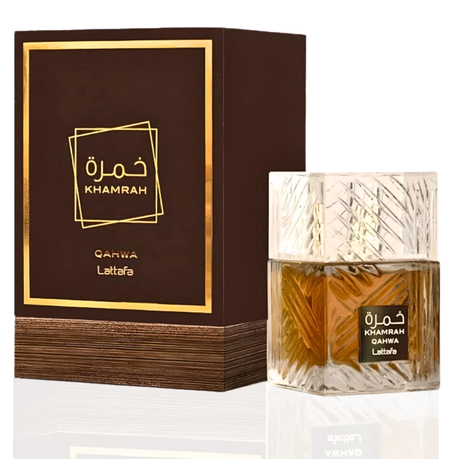 Lattafa Nebras and Khamrah Qahwa EDP perfume bundle, 100ml bottles, featuring elegant fragrance packaging and design.
