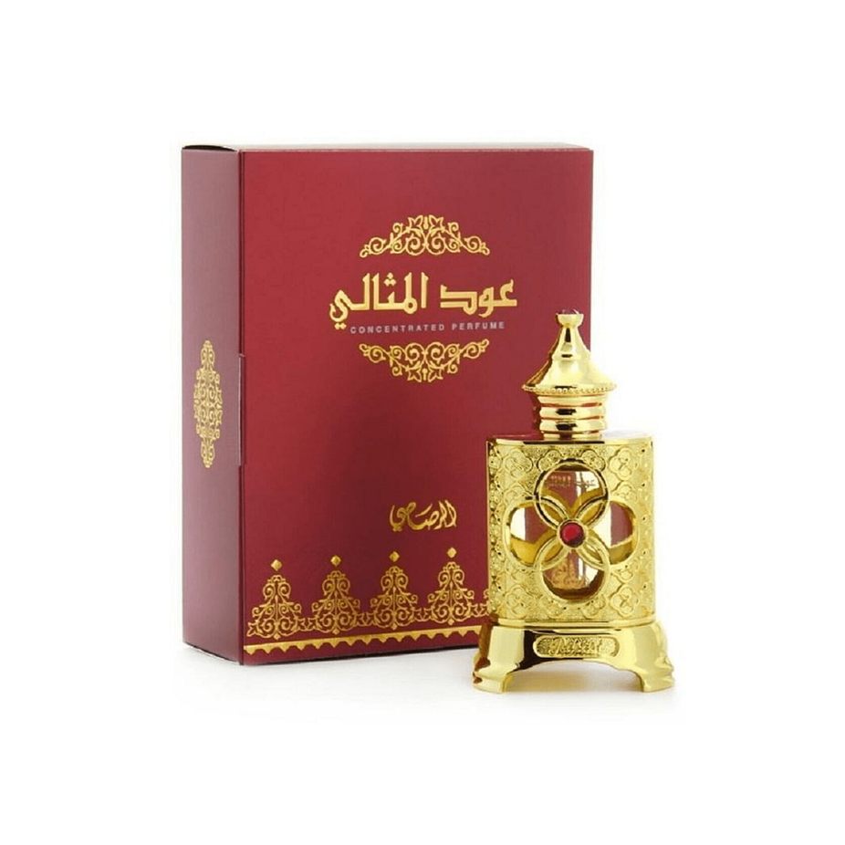 Rasasi Oudh Al Methali concentrated perfume oil in a 15ml bottle, showcasing elegant packaging and rich, aromatic scent.
