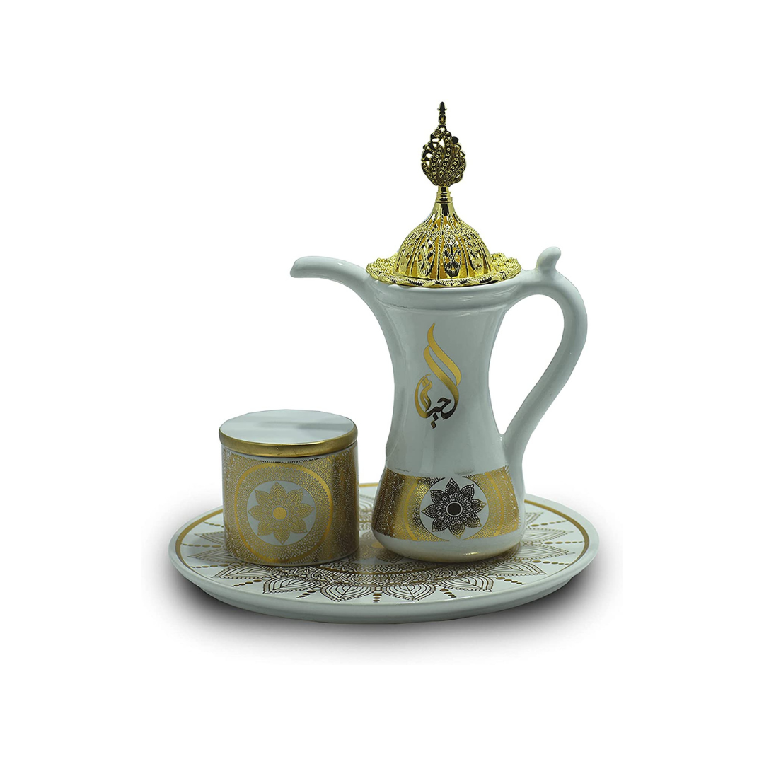 Glossy Arabic Design Royal Bakhoor Tea Set w/Circular Tray-White | Intense Oud - Intense Oud