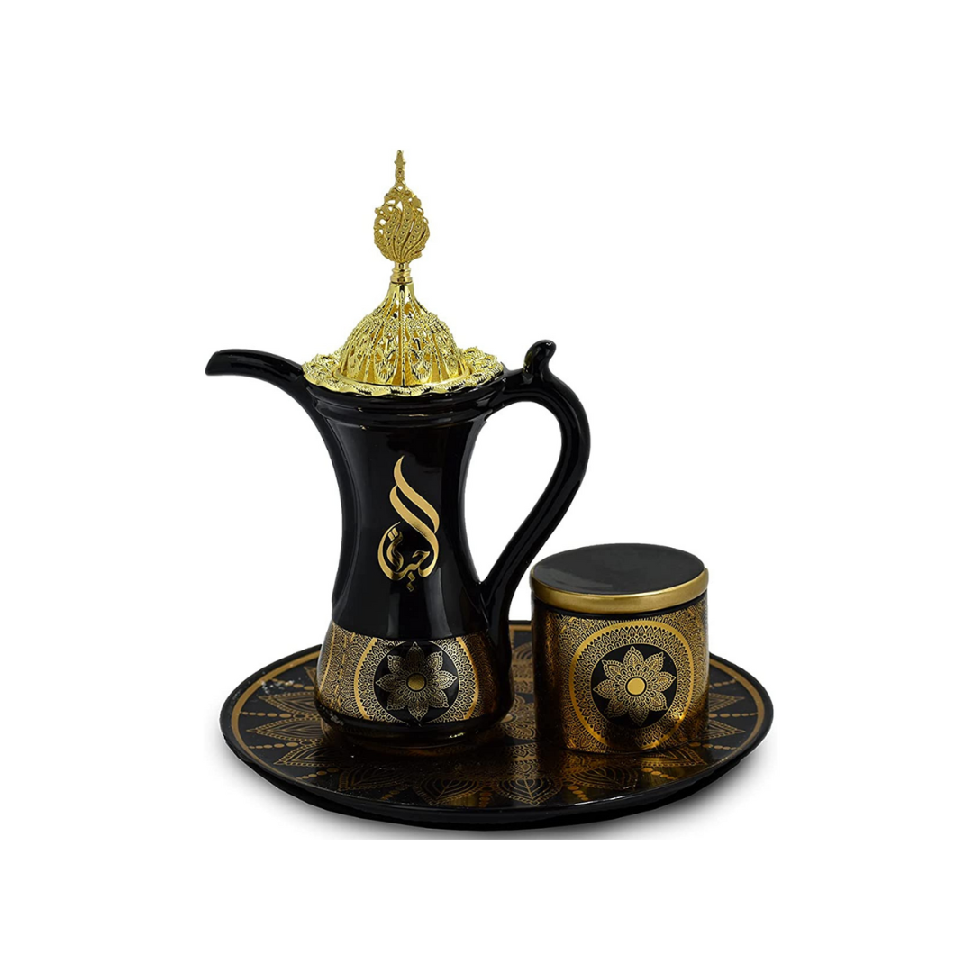 Glossy Arabic Design Royal Bakhoor Tea Set w/Circular Tray-Black | Intense Oud - Intense Oud