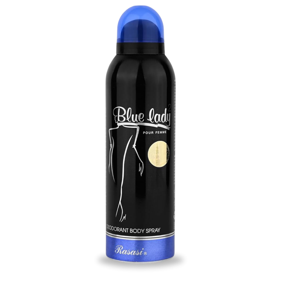 Blue Lady 2 for Women deodorant by Rasasi, 200ML spray bottle with a blue and white design.