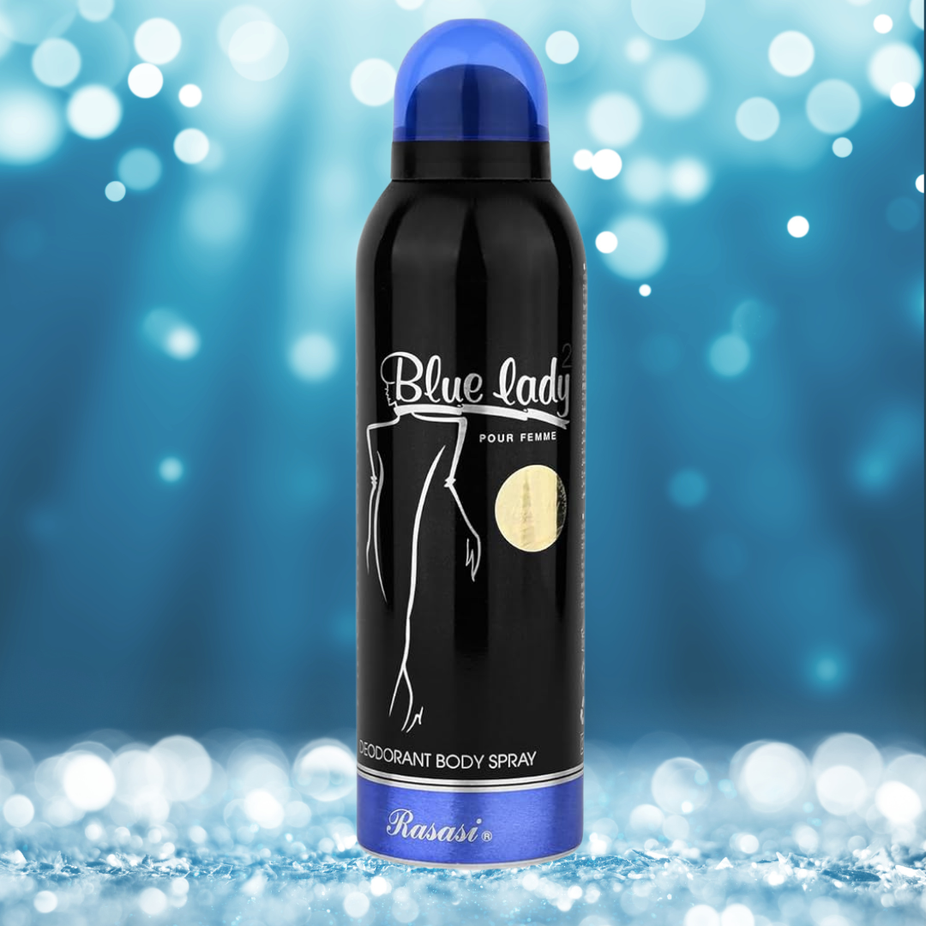 Blue Lady 2 women’s deodorant by Rasasi in a 200ML spray bottle, featuring a sleek blue design and floral fragrance.