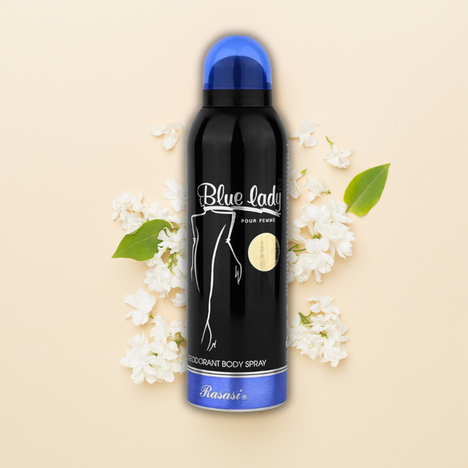 Blue Lady 2 women's deodorant by Rasasi, 200ML bottle with sleek blue design and spray nozzle.
