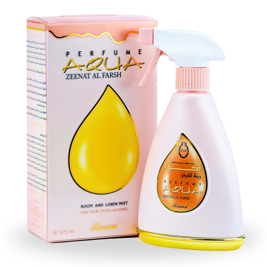 Rasasi Aqua Zeenath Al Farsh air freshener bottle with floral and fresh scent, 375ml, featuring elegant packaging design.