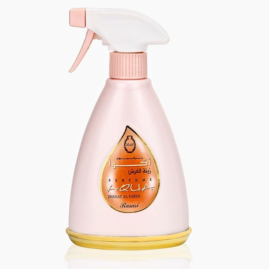 Rasasi Aqua Zeenath Al Farsh air freshener bottle, 375ml, with elegant label and spray nozzle for room scenting.