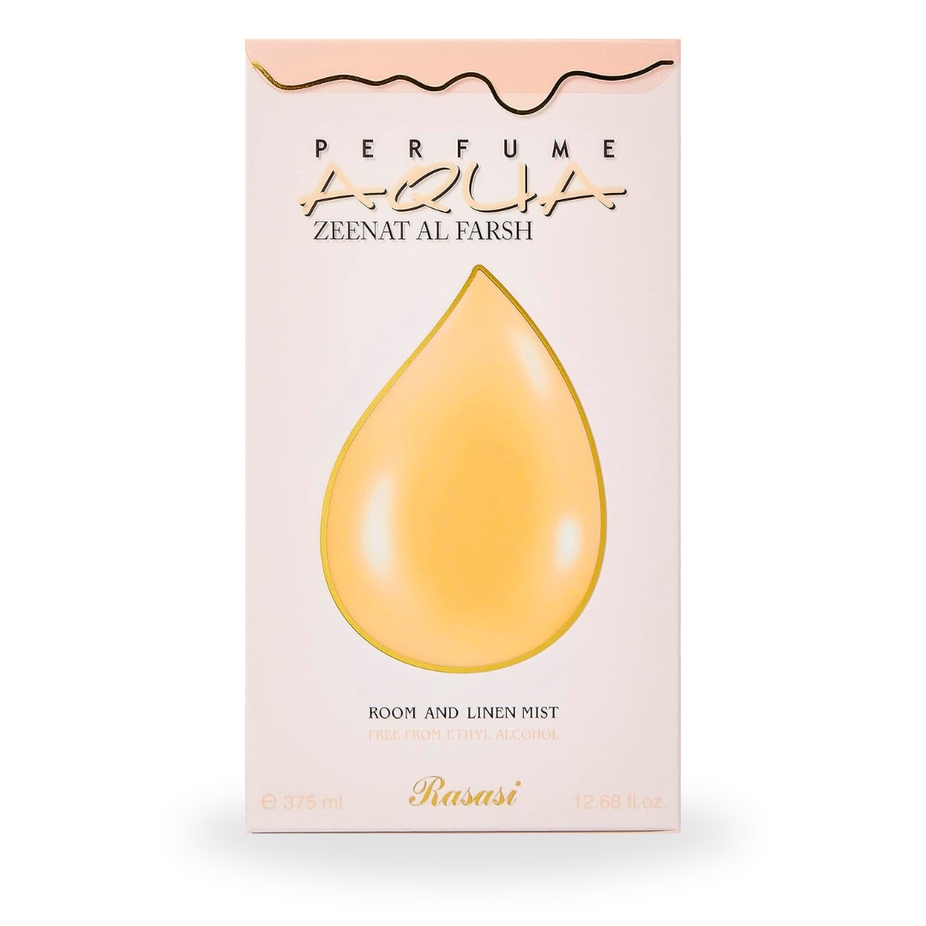 Rasasi Aqua Zeenath Al Farsh air freshener bottle, 375ml, with elegant label design and cap, used for home fragrance.
