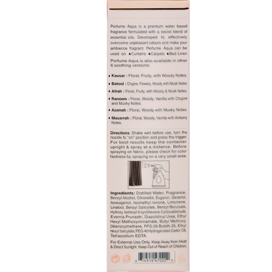 Rasasi Aqua Zeenath Al Farsh air freshener bottle, 375ml, with a sleek design and fresh floral scent appearance.