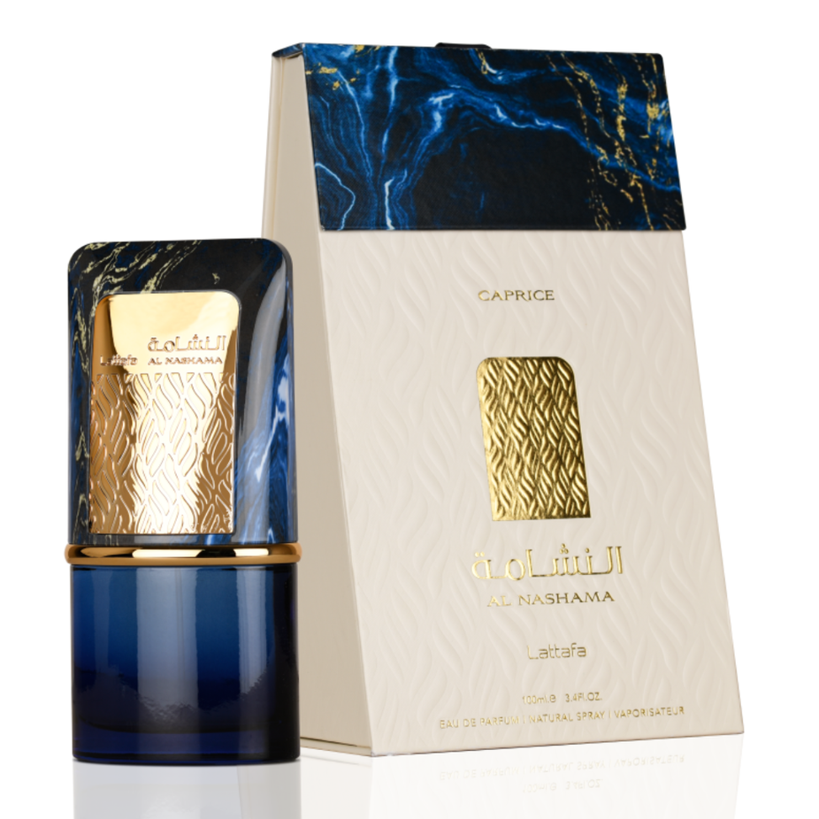 Lattafa Al Nashama Caprice Eau De Parfum 100ML bottle with elegant packaging and floral accents.