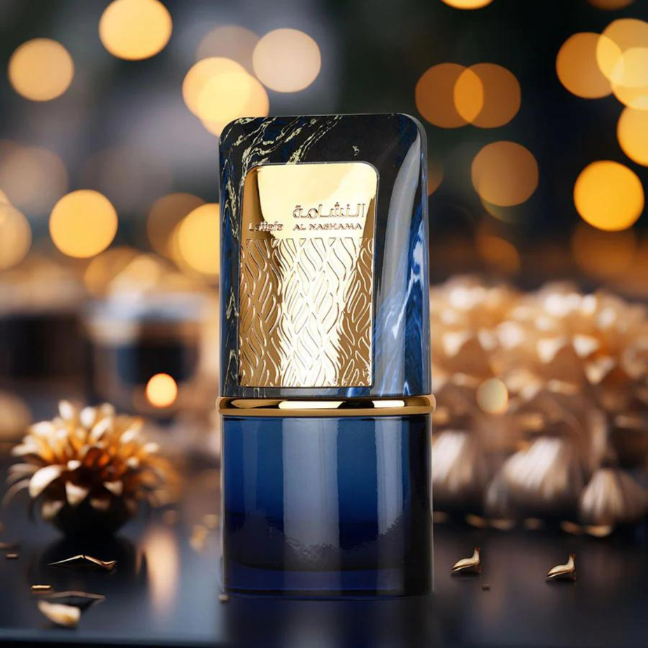 Lattafa Al Nashama Caprice Eau De Parfum 100ML bottle with elegant packaging, showcasing the fragrance's luxurious design.