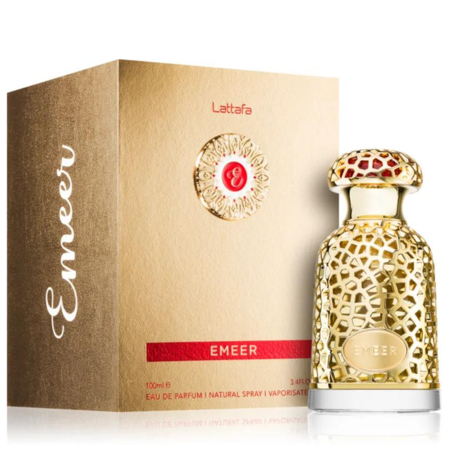Lattafa Emeer Eau de Parfum spray 100ml bottle, elegant design showcasing the luxurious fragrance packaging.