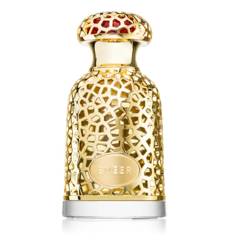 Lattafa Emeer Eau de Parfum Spray 100ml in velvet pouch, showcasing the elegant perfume bottle and packaging.