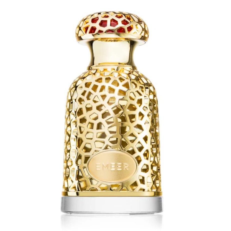 Lattafa Emeer Eau de Parfum Spray 100ml, elegant glass bottle with a sleek design, showcasing the luxurious fragrance.