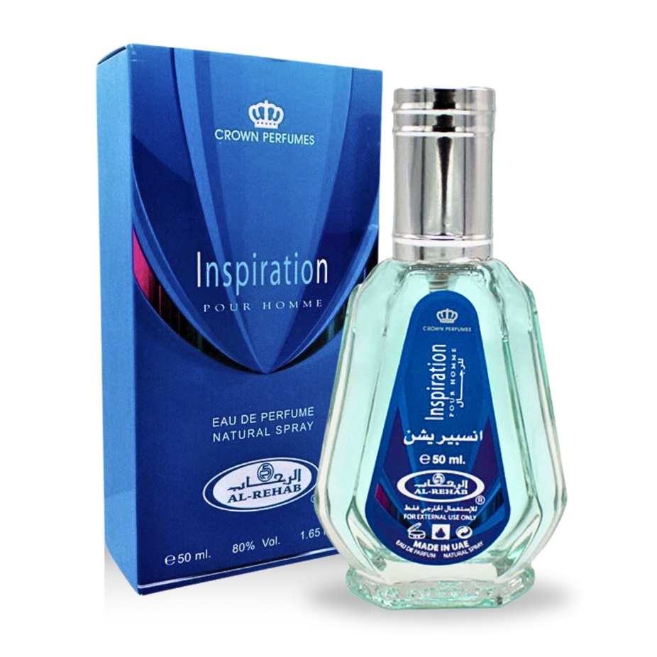 Al Rehab Inspiration Pour Homme EDP bottle, 50ml, with sleek packaging and black cap, showcasing the men's fragrance.