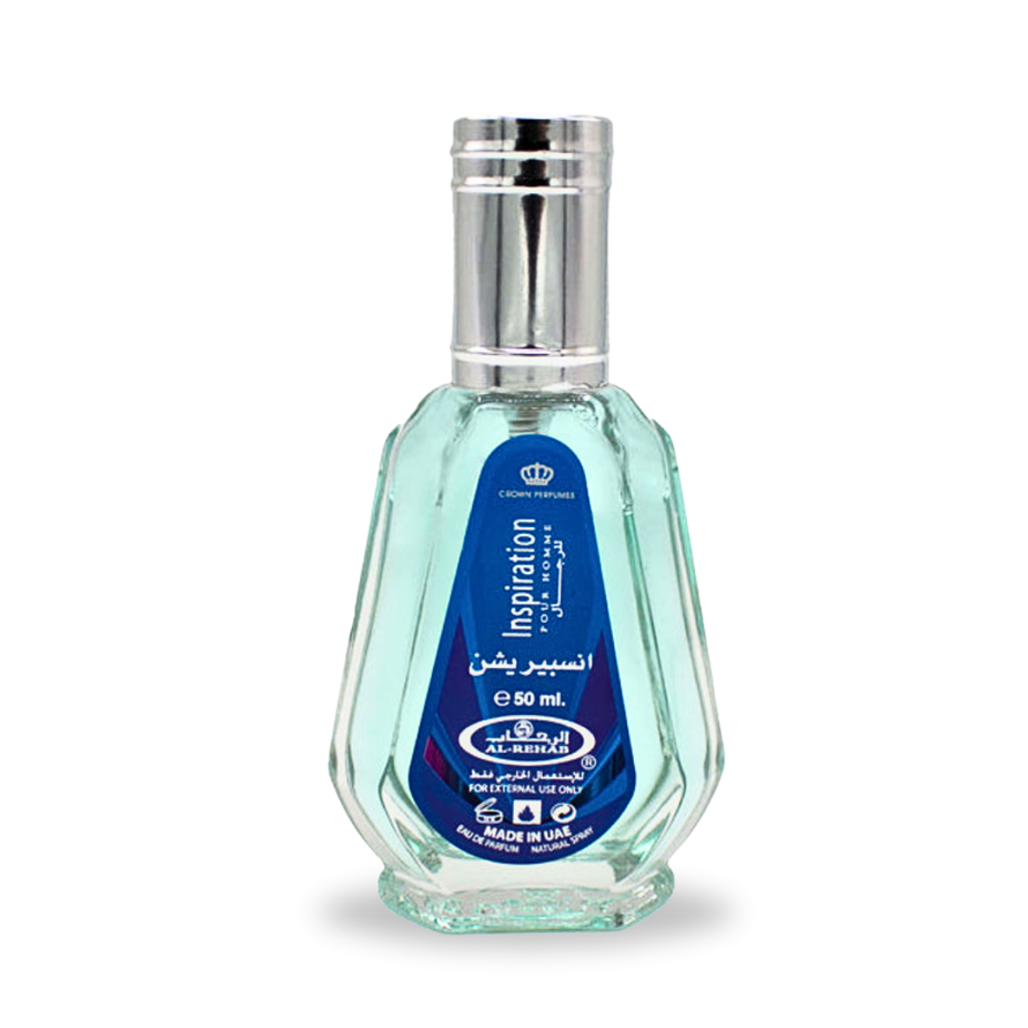Al Rehab Inspiration Pour Homme EDP 50ML bottle, elegant perfume with a sleek design, suitable for men.