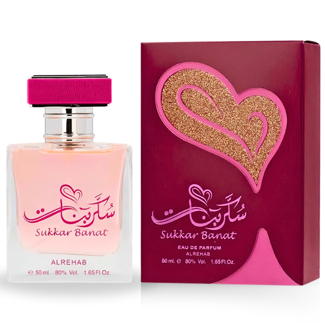 Al Rehab Sukkar Banat Eau De Parfum 50ML bottle with elegant packaging, showcasing the perfume's floral and sweet fragrance.