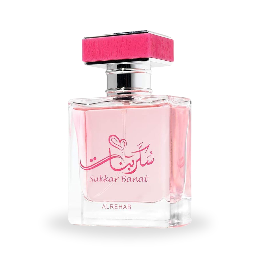 Al Rehab Sukkar Banat Eau De Parfum 50ML bottle with elegant pink and gold floral design on the packaging.