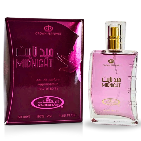 Al Rehab Midnight EDP Eau De Parfum 50ML bottle with a sleek dark design, showcasing the fragrance’s elegant appearance.