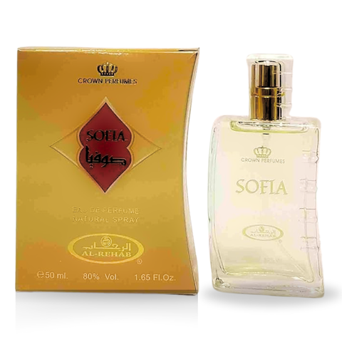 Sofia EDP by Al Rehab, 50ML Eau De Parfum bottle with elegant design featuring floral and oriental scent notes.