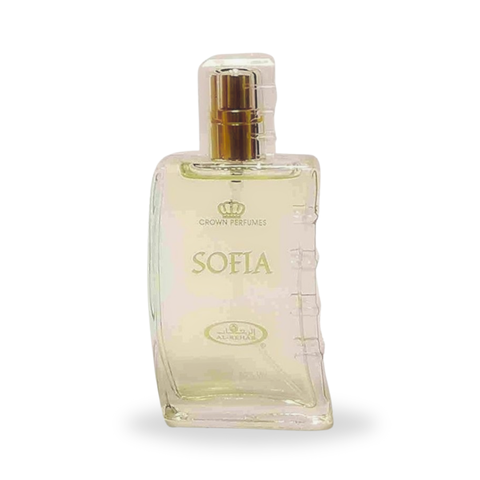 Sofia EDP by Al Rehab, 50ML Eau De Parfum bottle with elegant floral design and gold accents.