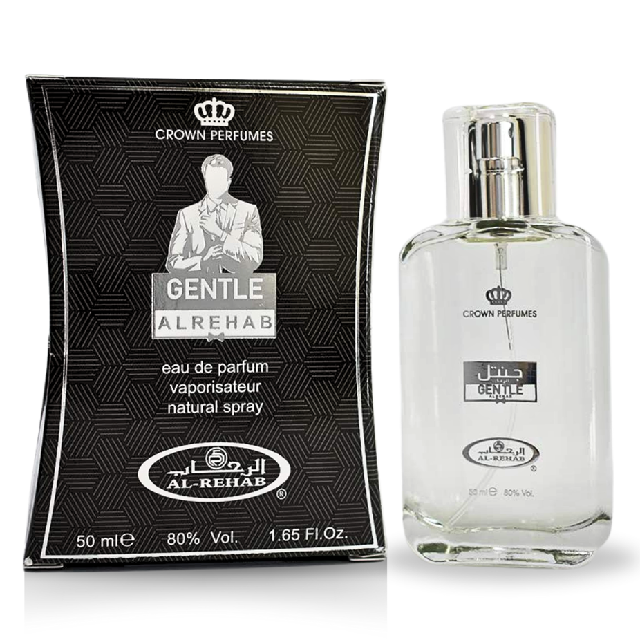 Al Rehab Gentle EDP Eau De Parfum bottle with 50ml size, featuring a sleek design and soft, elegant packaging.