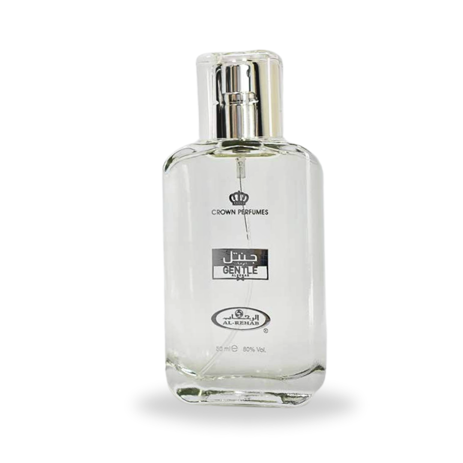 Al Rehab Gentle EDP Eau de Parfum 50ML bottle, elegant fragrance with floral and fresh notes, in a clear glass bottle.