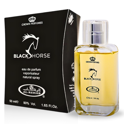 Black Horse EDP by Al Rehab, 50ML Eau De Parfum bottle with a sleek black design and elegant branding.