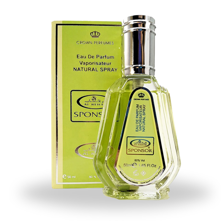 Al Rehab Sponsor EDP Eau De Parfum 50ML bottle with elegant packaging and clear spray nozzle, showcasing the fragrance design.