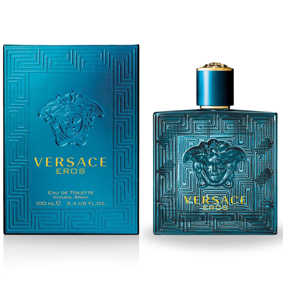 Versace Eros Pour Homme EDT 100ml perfume bottle with sleek design and silver cap, displayed on a neutral background.