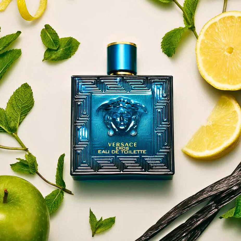 Versace Eros Pour Homme EDT 100ml men's fragrance bottle with a sleek design and Versace branding.