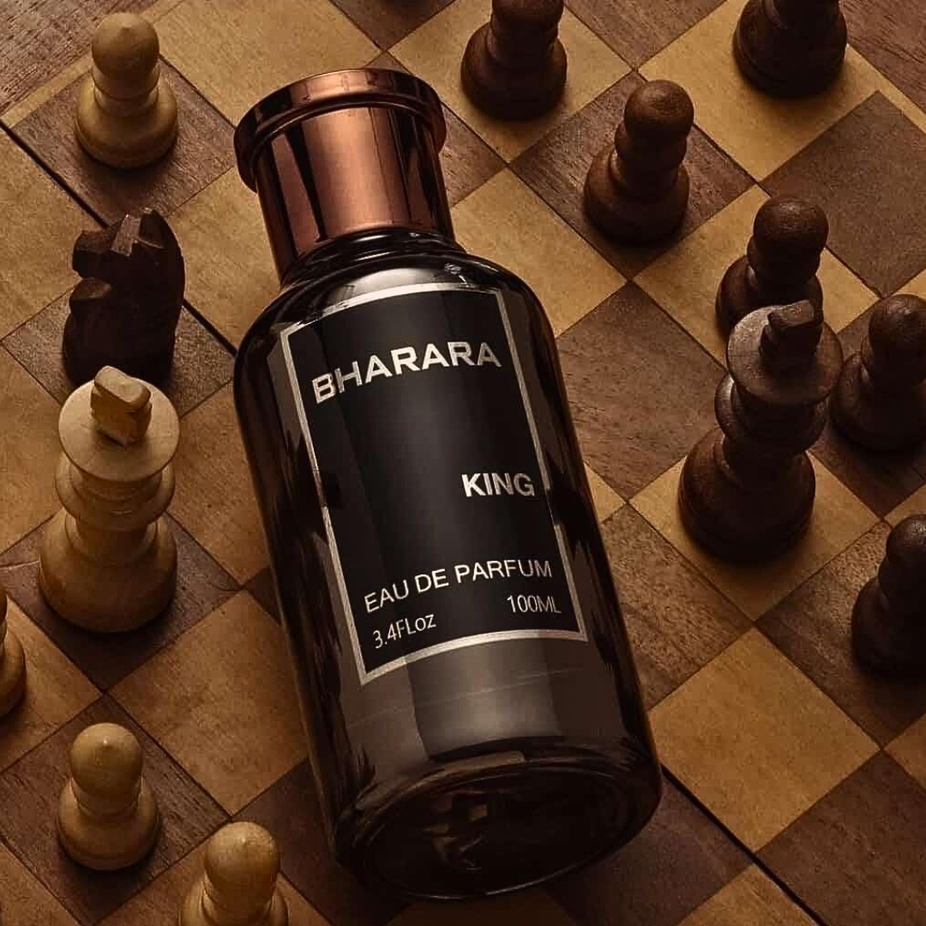 Bharara King Eau de Parfum spray 100ml bottle, featuring elegant packaging with a black and gold design.