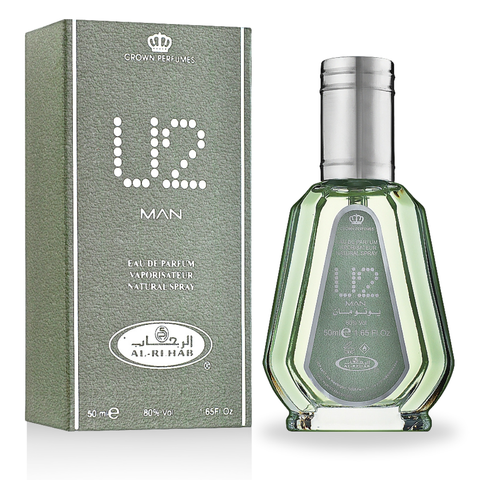 Al Rehab U2 MAN Eau De Parfum 50ml bottle showing sleek black packaging and stylish design.